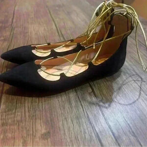 J. Crew Women's Black Suede Gold Metallic Lace up Flats Back zip 8M